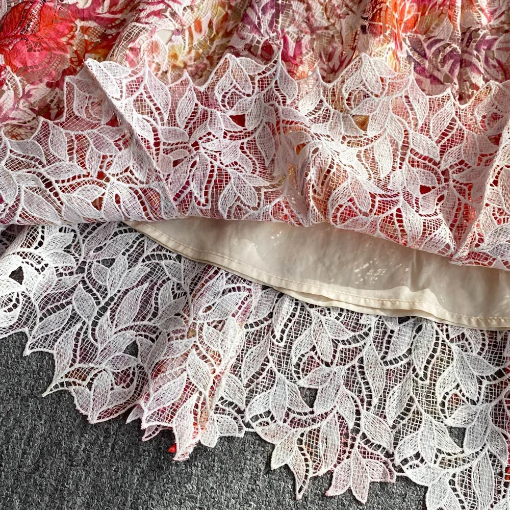 Elegant Lace Casual Sleeveless Chic Hollow Out Print Sexy Straps Dresses Vintage Korean Beach Vacation Women Summer Clothing