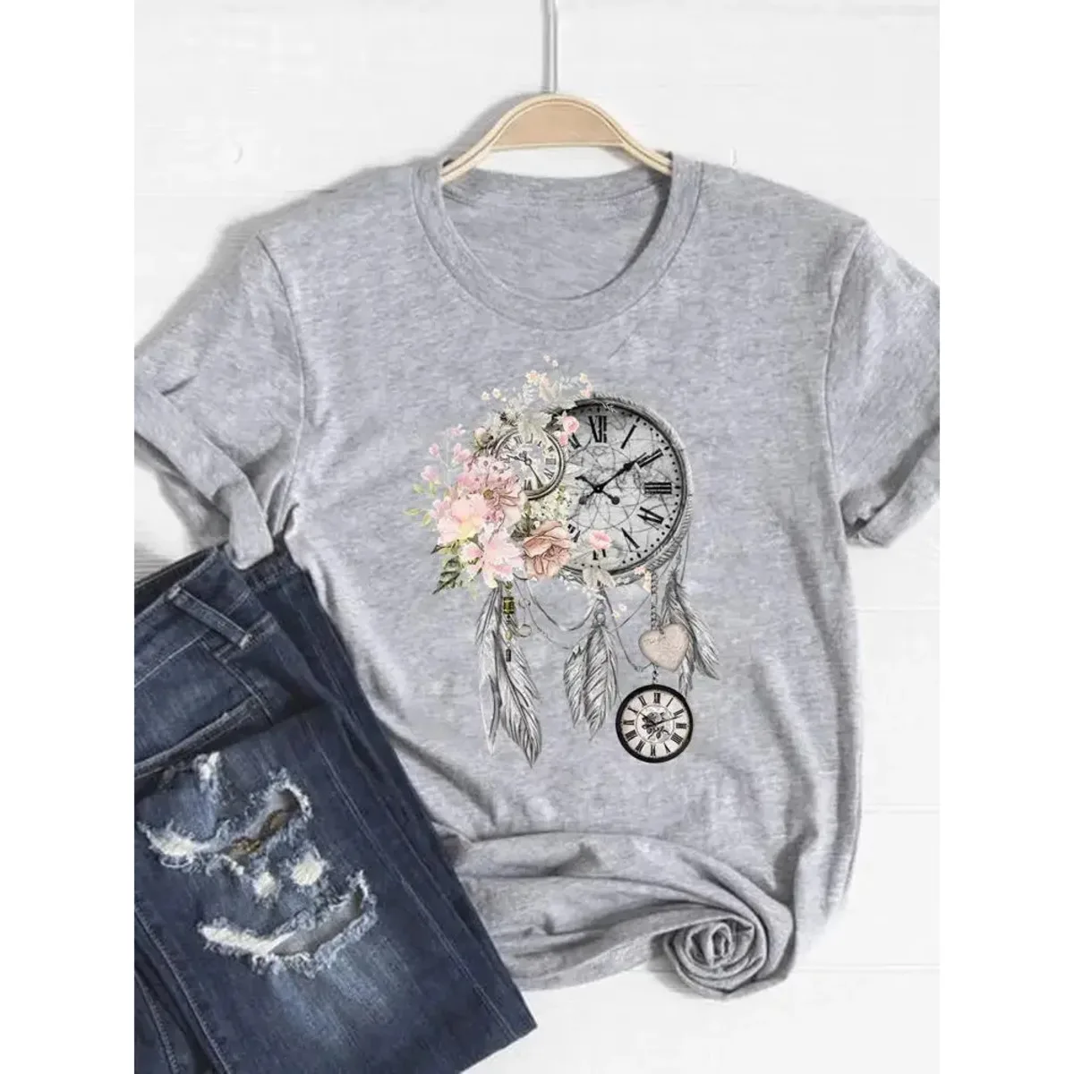 

Print T Shirt Short Sleeve Flower Vintage Cute 90s Summer Top Fashion Clothes Women Clothing Gray Basic Tee Graphic T-shirt