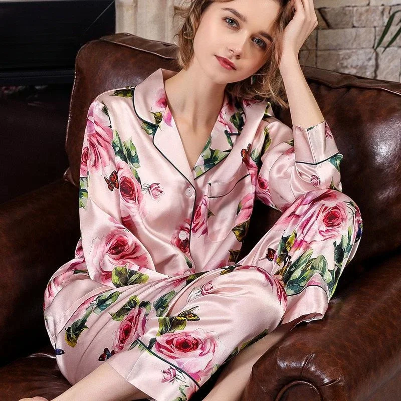 Floral Long Silk Pajama Set Women 100% Mulberry Silk Sleepwear 2pc Pajamas Suit Long Sleeve Cardigan Trousers Nightwear Homewear