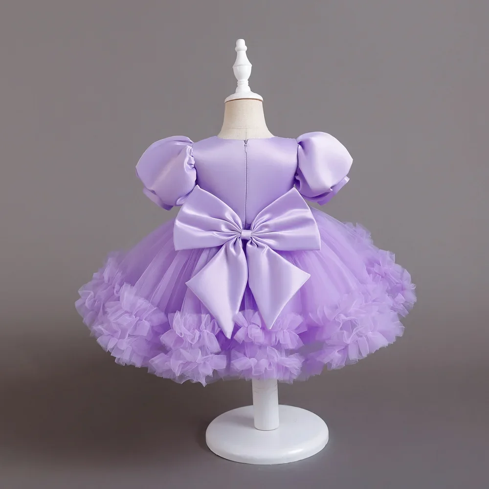 Purple Girl Kid's Dress Sequined Tutu First Birthday Party Wear Puff Sleeve Girl Princess Dress Christmas Ball Gown 1-6 Years
