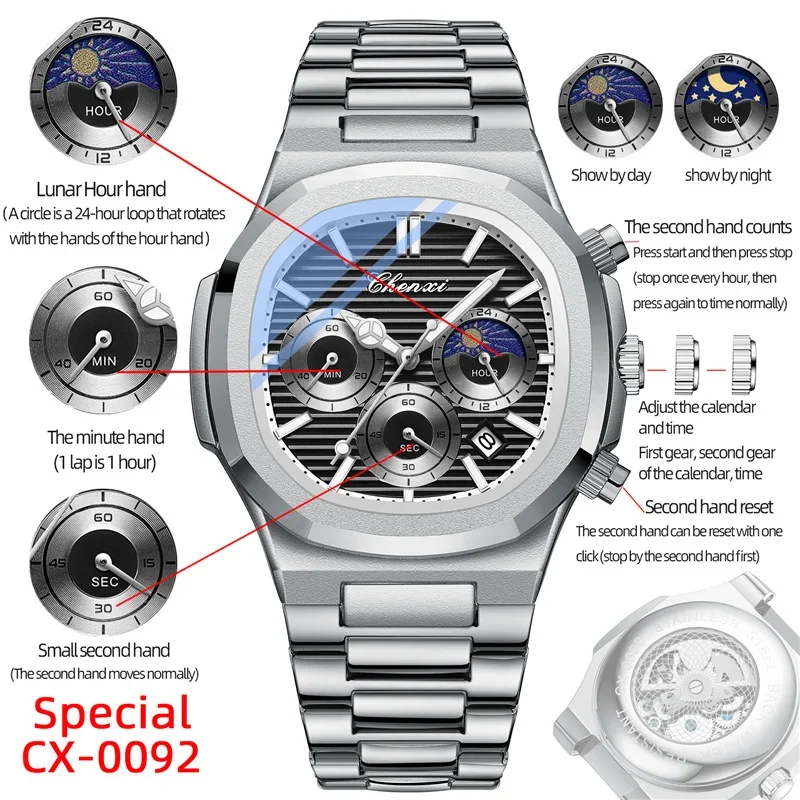 CHENXI 0092 mode montres à Quartz pour hommes créatif Phase de lune luxe cadran lumineux avec chronographe horloge mâle décontracté