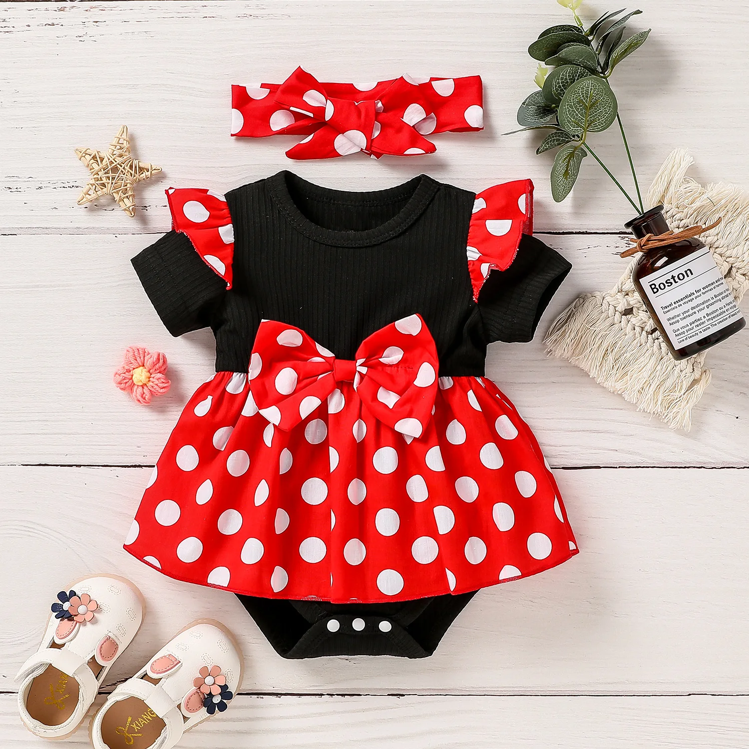 (0-18M) Baby Girls Summer Short Sleeve Polka dot With Bow Fashion Honey Streetwear Dress