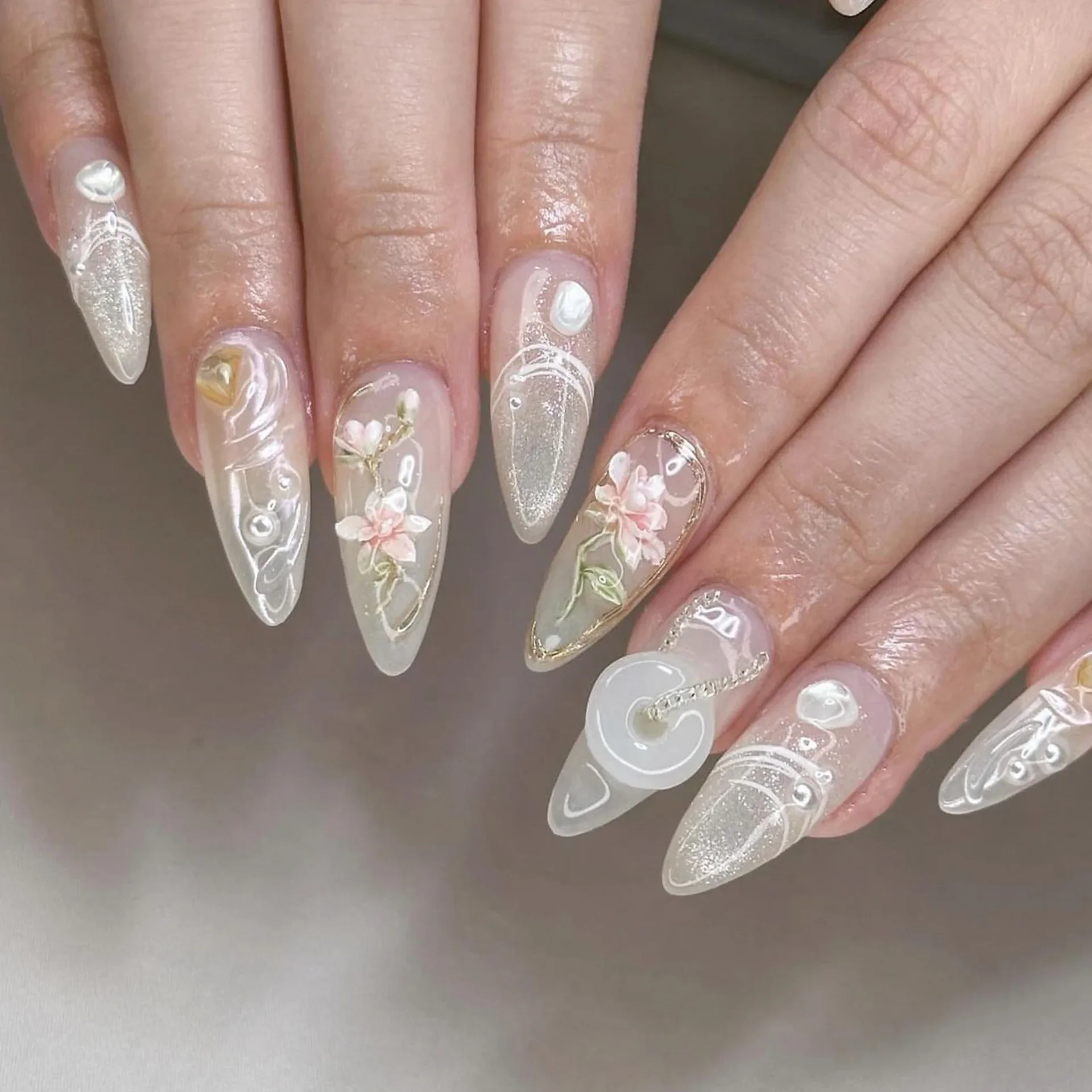 Pink Flowers Jade White Buckle Pearl Press on Nails Chinese Style False Art Nails Fashion Finished Fake Nails Tip Manicure Tools