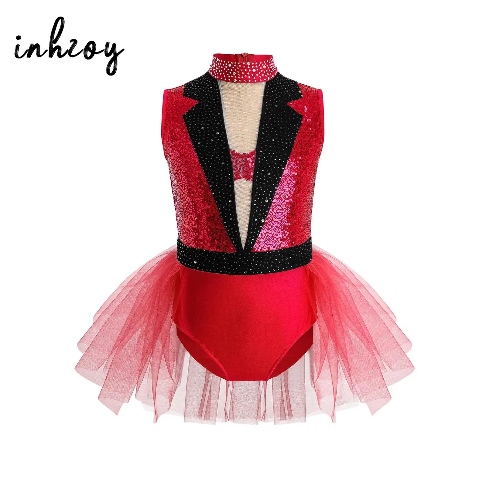 

Kids Girls Sequins Rhinestone Ballet Dance Dress Mock Neck Sleeveless Tulle Skirted Leotard for Acro Dance Talent Competition