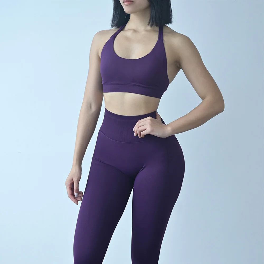 2-teiliges Damen-Yoga-Set, Nahtlose Fitness-Sportbekleidung, Neckholder-Sport-BH, Passende Yoga-Leggings für Workout-Sets, Gym-Outfit – Detail 5