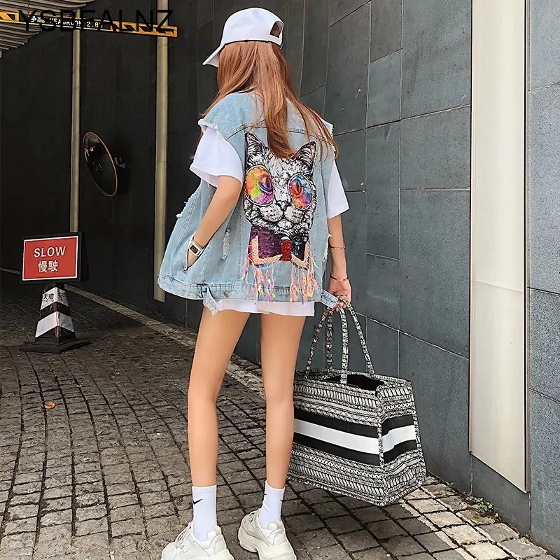 Denim Vest Jacket Back Cat Spring Summer 2024 Korean Style Women Cardigan Loose Hole Ribbon Waistcoat Fashion Jeans Gilet Coat