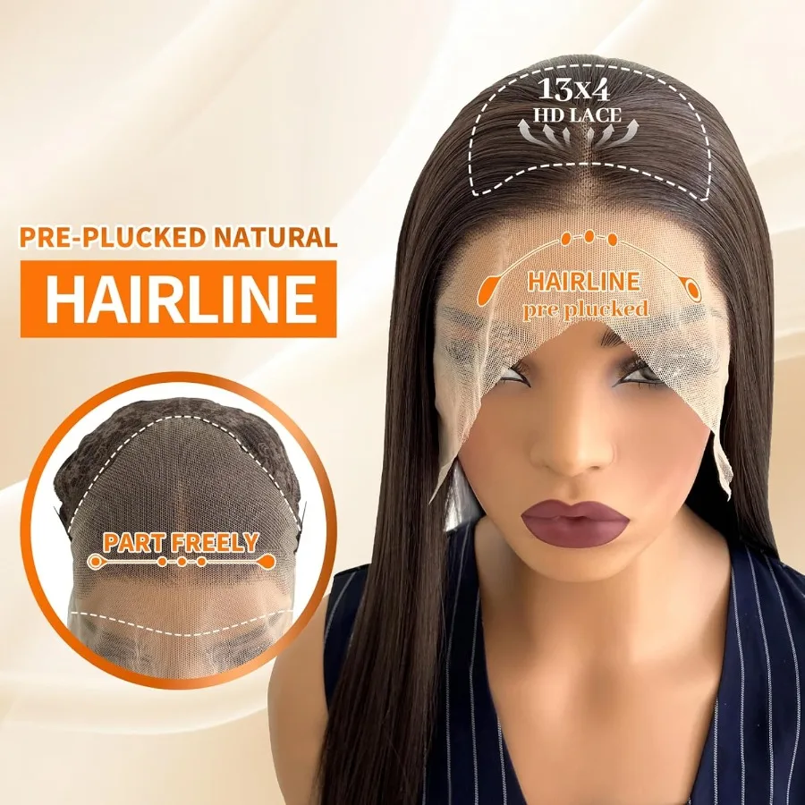 Peruca dianteira de renda sintética marrom chocolate sem cola 13x4 hd perucas dianteiras de renda pré arrancadas perucas sintéticas longas e retas para preto wo