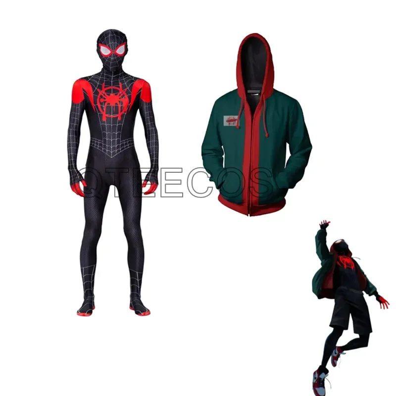 MINISO Spiderman Cosplay Miles Morales Spider Man Jacket Hoodie Costume Bodysuit Zentai Costume Jumpsuit Halloween Outfit