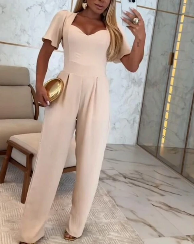 

Plunge V Neck Short Sleeve Ruched Jumpsuit Casual Slim Fit Romper Full Length for Sexy and Elegant Women