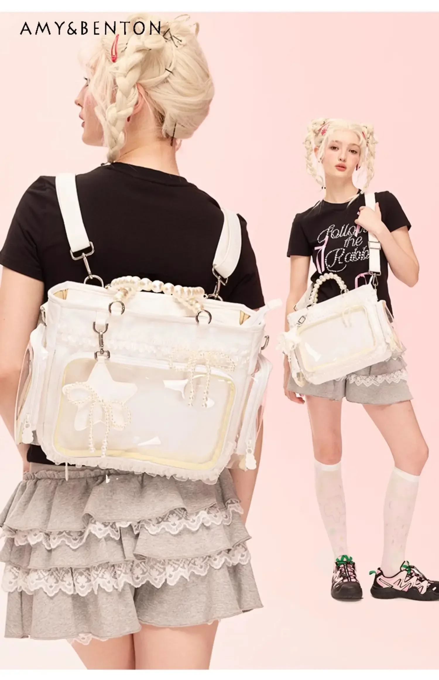 Sweet Heavy Industry Star Pendant Pearl Shoulder Bag Transparent Large Capacity Tote Bag Preppy Style Kawaii Tote Bag Student