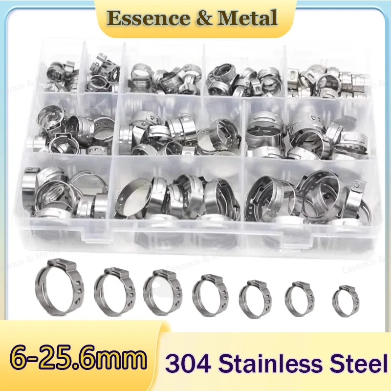 170Pcs 304 Stainless Steel Single Ear Hose Clamp 6mm-25.6mm Oil Pipe/Water Pipe Hose Clamp Suitable for All Types of Hose Seals