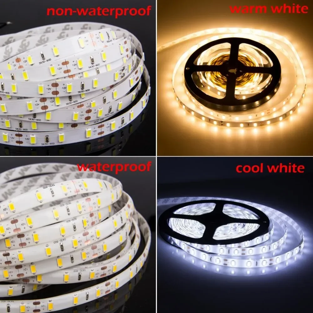 Impermeável LED Strip Light, fita flexível, Natural branco, frio, quente, vermelho, verde, azul, 5630, 5730, 12V, 5m, 4000K, 3000K, 6500K