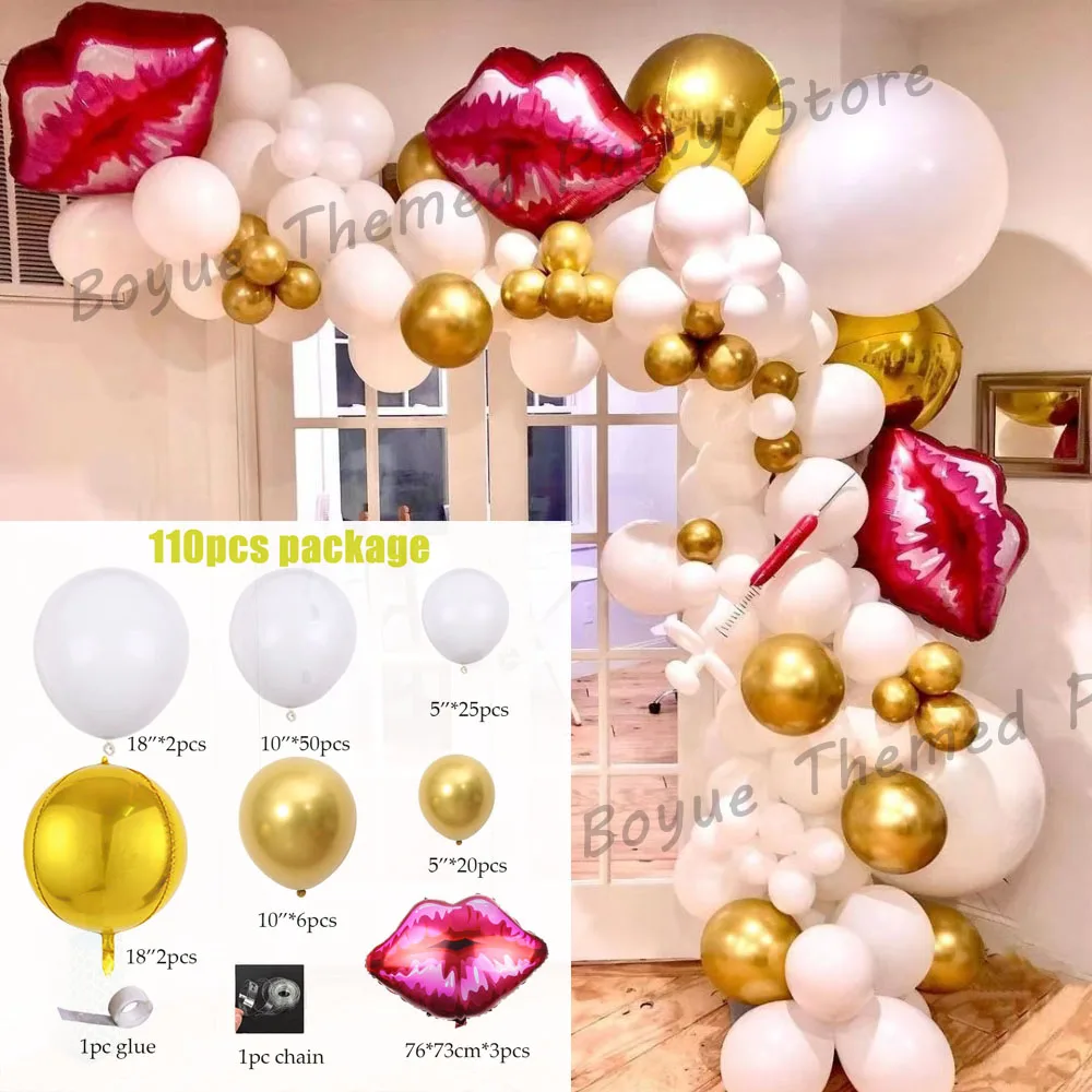 94/110pcs White Gold Balloon Garland Arch Kit Red Lips Foil Balloon for Girl Birthday Valentine's Day Wedding Party Decoration