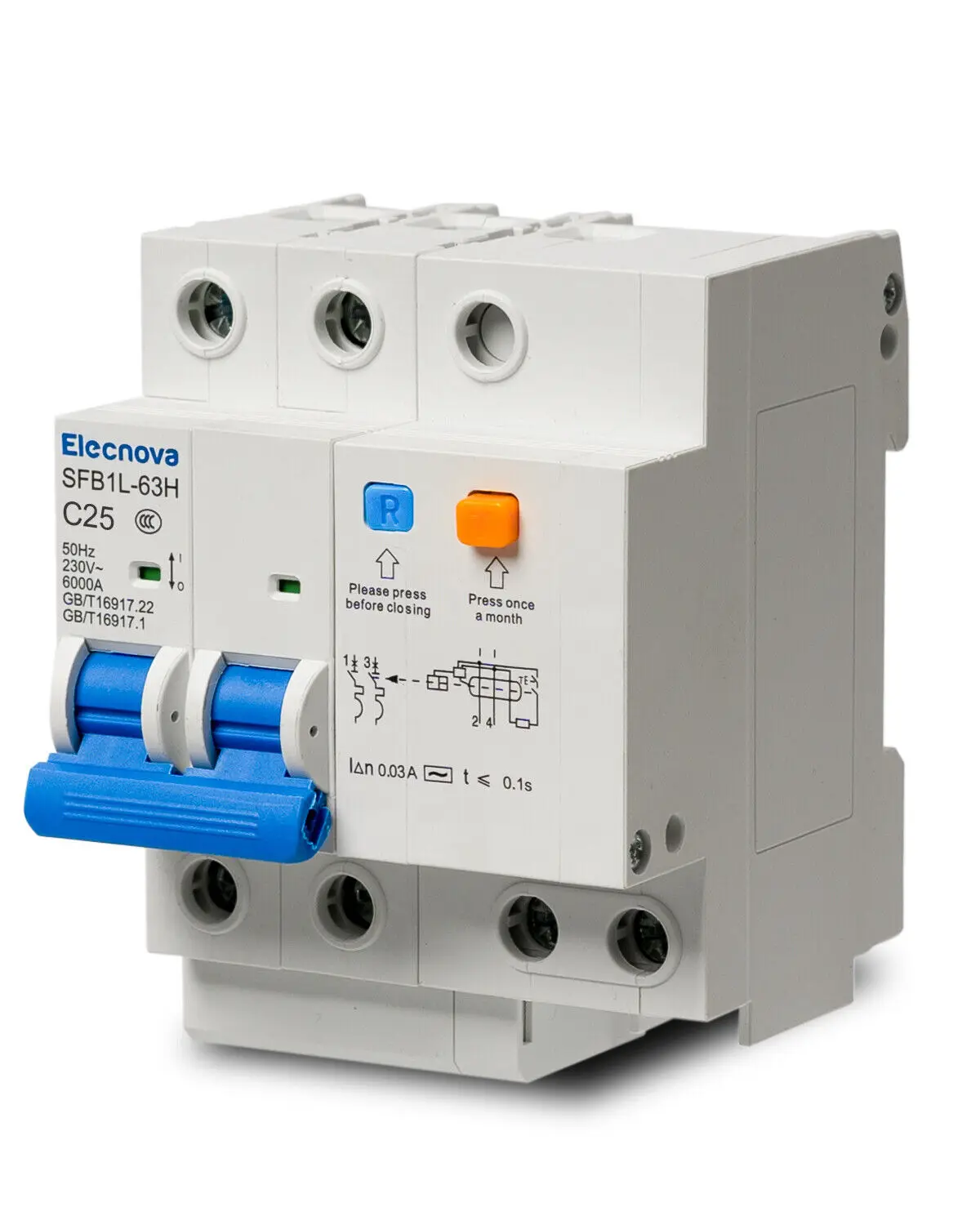 Elecnova AC 25A 2Pole 230V DIN Rail Mount Leakage Protection Miniature Circuit Breaker 110V / 120V Available