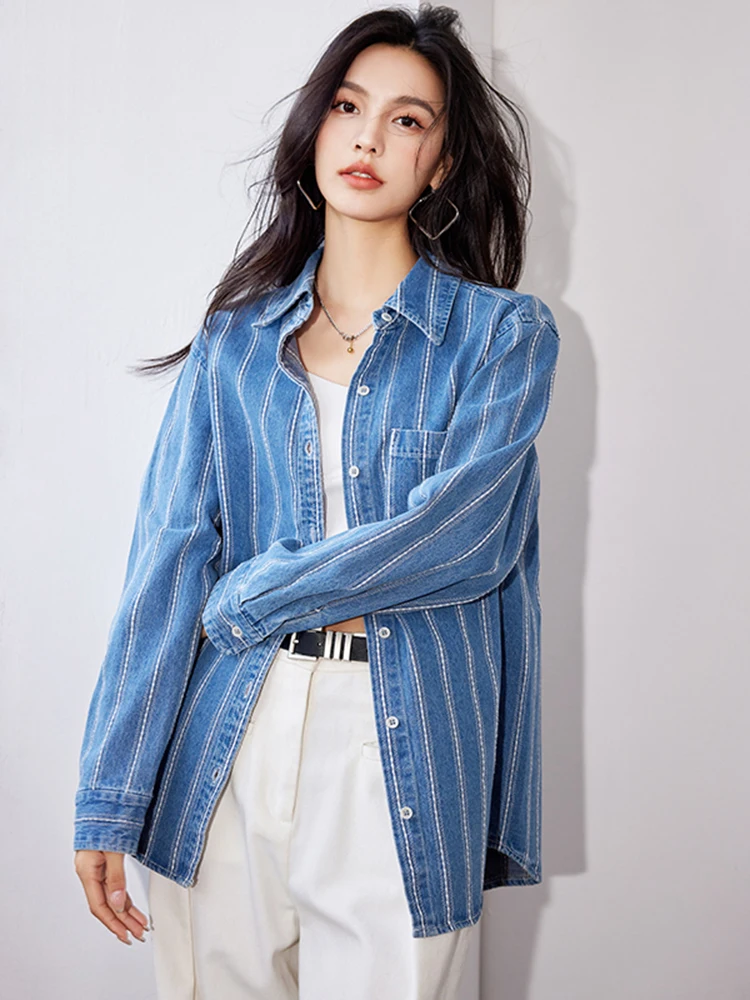 Women Vintage Stripe Denim Shirt Fashion Long Sleeve Single Breasted Blouse 2024 Autumn New Loose Casual Tops