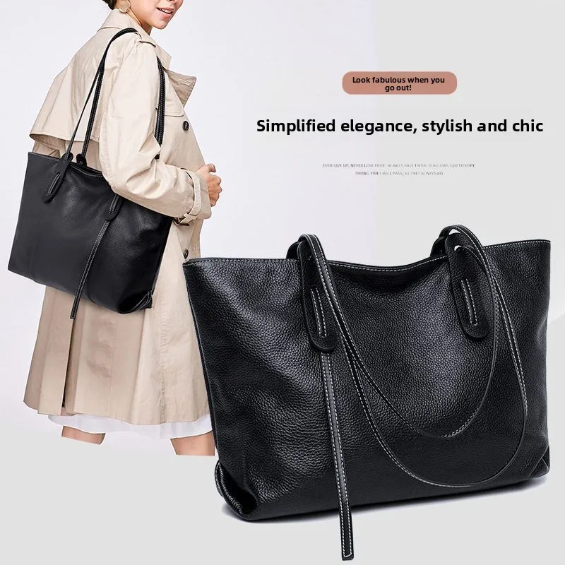 

Top Layer Cowhide Leather Tote Bag Pure Color Large Capacity Single Shoulder Women's Commuter Bag Casual Simple Style Handbag