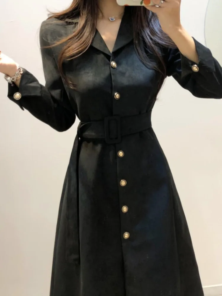 

Ele Long Dr женское шикарное замшевое платье Heben Dr с поясом и воротником костюма Sle Commute Faion весенне-осенне-зимняя одежда