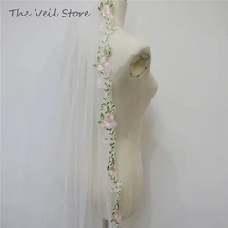 Embroidered Floral Wedding Bridal Veils With Comb For Brides Accessories Full Lace Edge Pink Flowers Green Leaves Embroidery