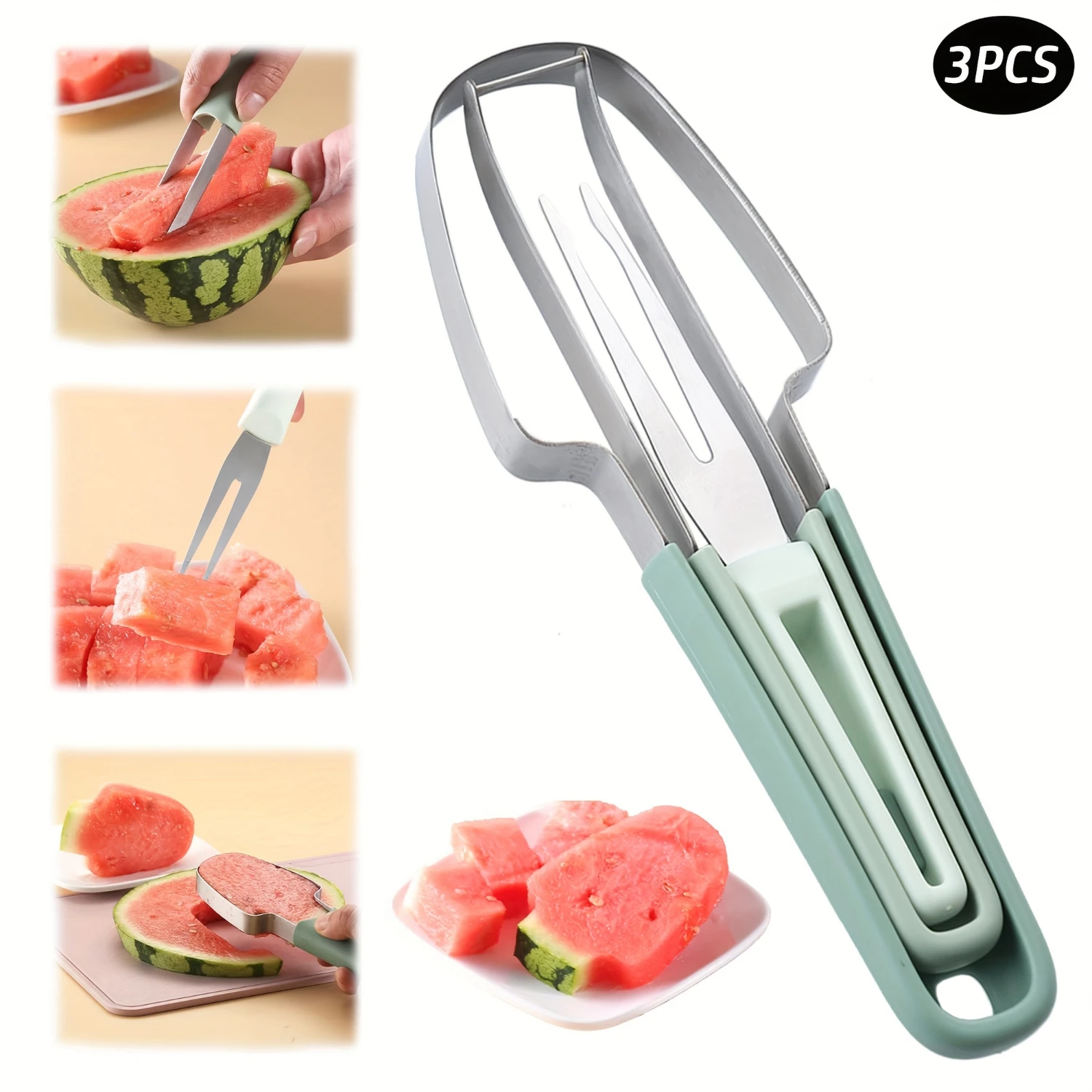 

3-Piece Stainless Steel Watermelon Slicer Set - Portable Popsicle Cutter & Fruit Fork For Camping And Kitchen Use