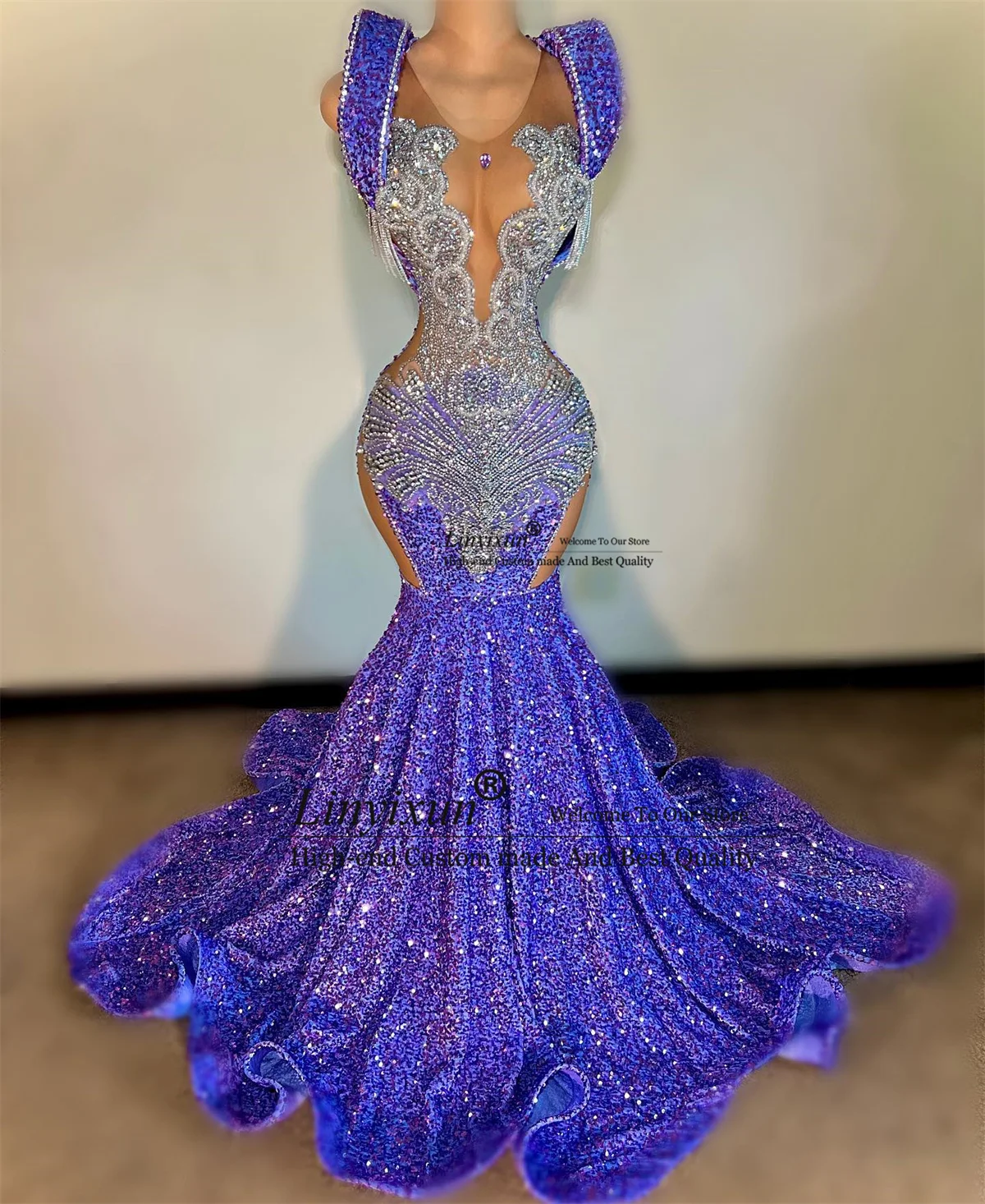 Purple Sequins Prom Dresses For Black Girls Luxury Beaded Crystal Evening Party Gala Gowns Mermaid Birthday vestidos de festa