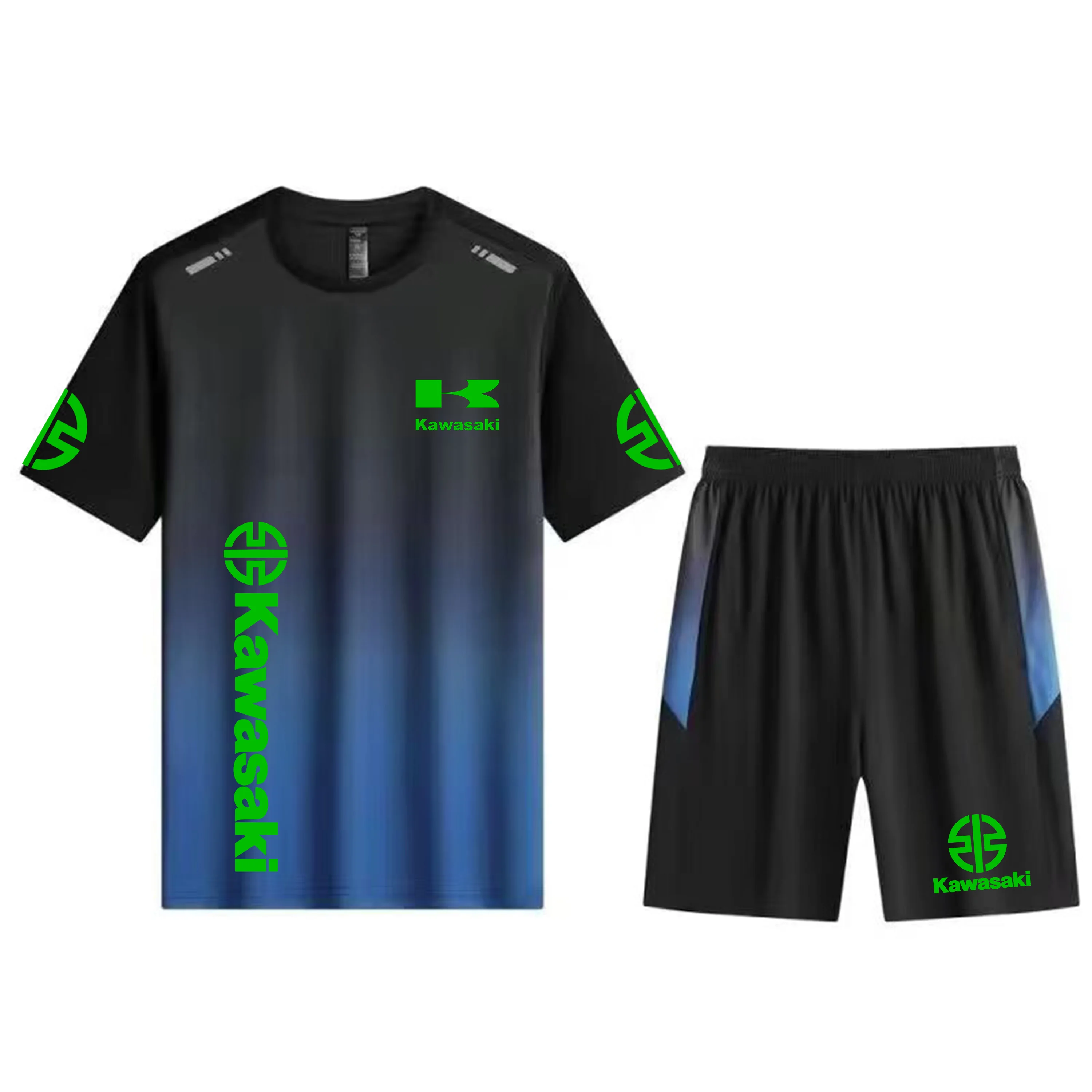 

Men Women Set Kawasaki Motorcycle Graphic 3D Print Sports Quick Drying T-shirt + Shorts Suit Men Gradient Colors Two-piece Set