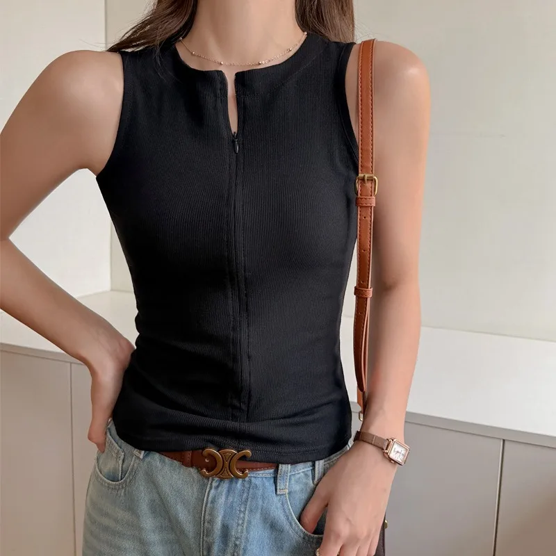 Zip Front Ribbed Sleeveless Tank Top Women Slim Versatile Camisole For Summer Inner And Outer Wear