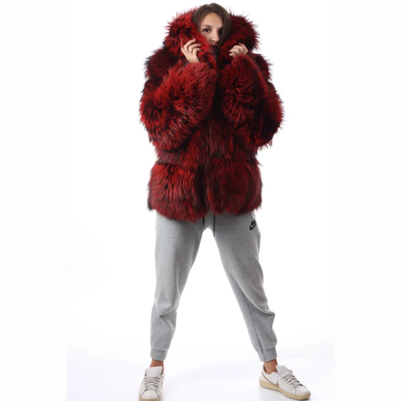 Genuine Dark Red Fox Fur Coat Women Fashion Luxury Outertwear Big Lapel Long Sleeve Warm Furry Natural Fox Fur Jacket Female