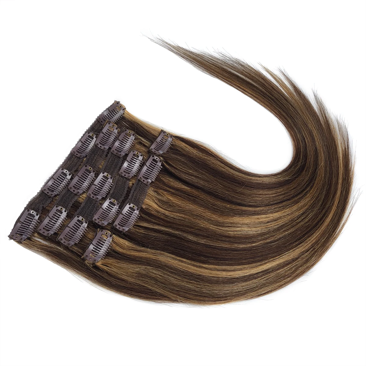 

Clip in Human Hair Extensions Straight Real Remy Human Hair Full Head 7PCS #4/27 Mix 15Inches-20Inches 70G