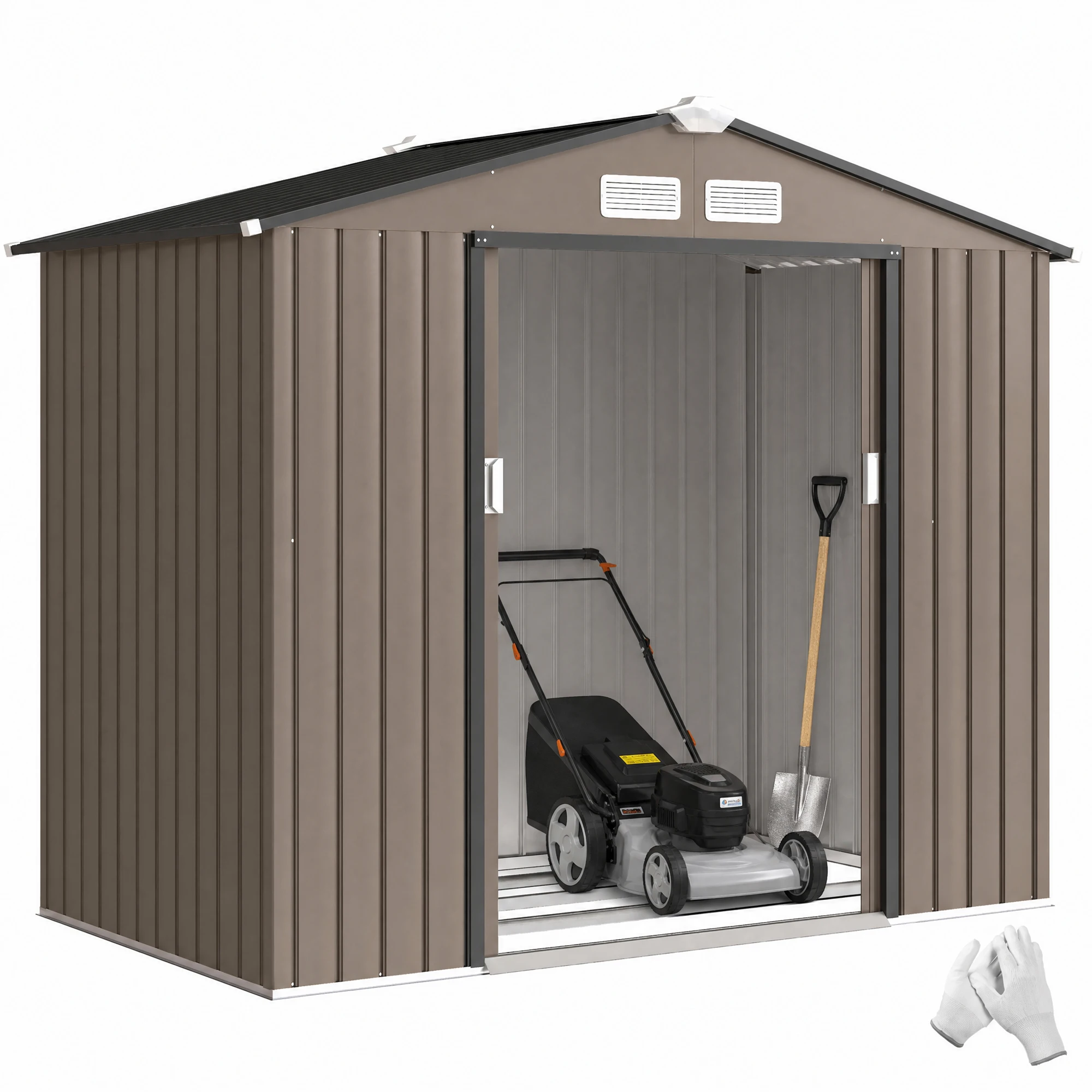 Outsunny Buitentuinberging, 2,5 m² 213X130X185 Cm, Metalen Buitentuinberging met 2 Schuifdeuren, Versterkte Basis (Vloer Niet Inbegrepen) en 4 Ramen, Bruin