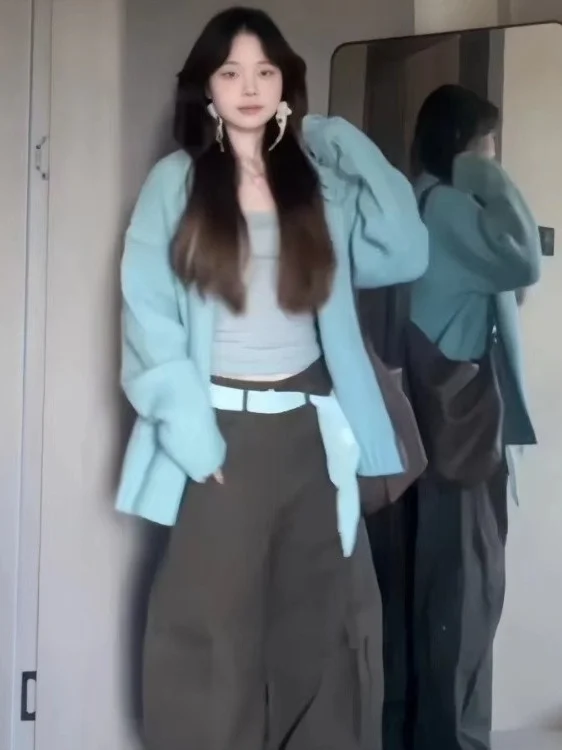 Solto azul camisola de malha cardigan feminino coreano sle outono inverno nova chegada confortável preguiçoso high end sentimento outerwear