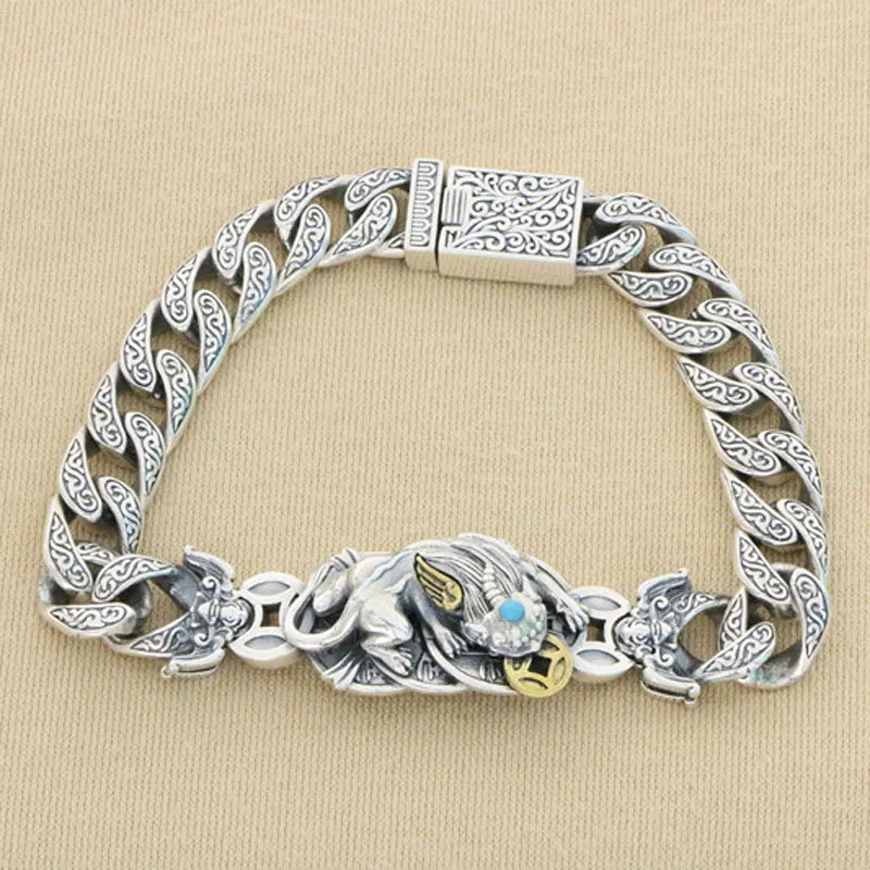 Handsome and trendy, cool nightclub accessories, artistic style, pure silver Pixiu bracelet, men's trendy retro Chinese style, e