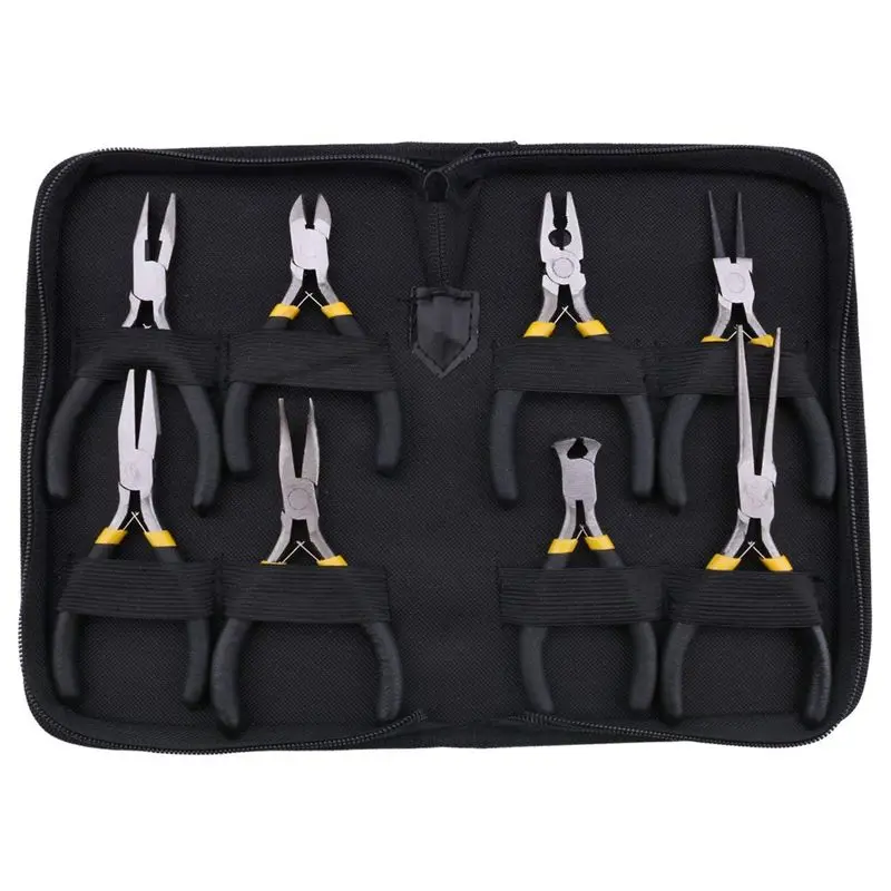 AB11-8Pcs Mini Pliers Set, Long Nose With Teeth, Flat Jaw, Round Curve Needle Diagonal Nose Wire End Cutting Cutter Linesman Pli