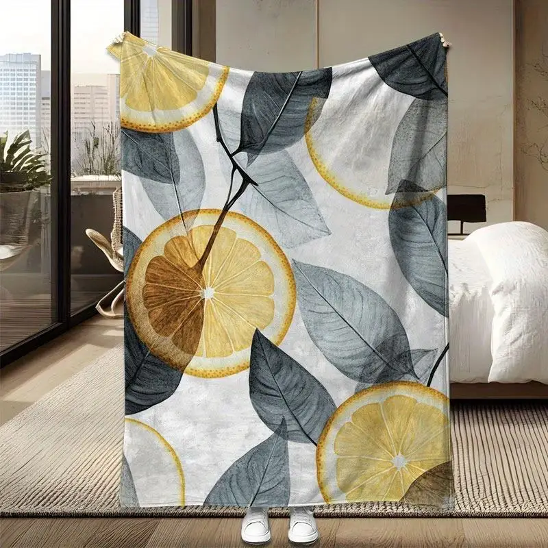 Lemon leaf pattern design flannel blanket all-season soft throw bright bedspread, housewarming birthday Valentine's Day, bedding
