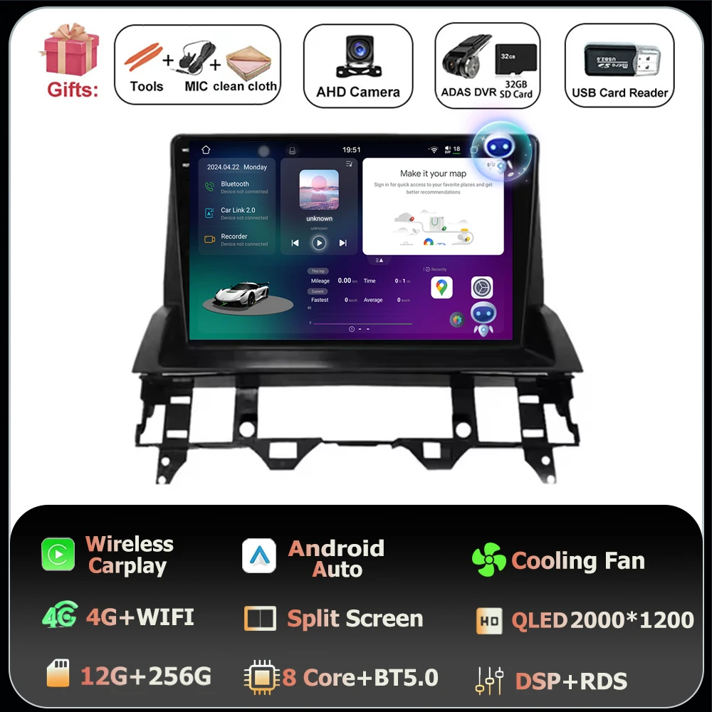 Scherm QLED Carplay Auto Voor Mazda 6 2002 2003 2004 2005 2006 2007 2008 Android 16 Autoradio Multimedia Video speler GPS WIFI 4G