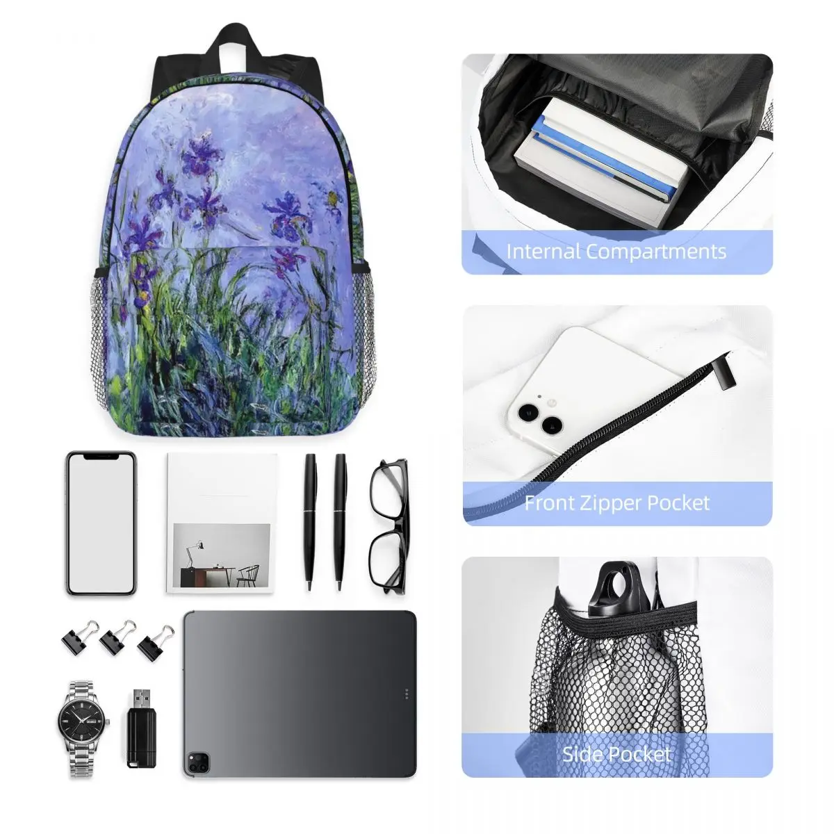 Claude Monet Lilac Irises 191 Backpack Student BookBag Men Women School Bag Computer Shoulder Bags view 5