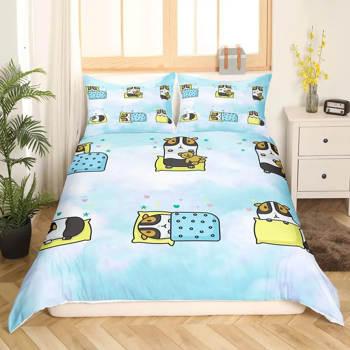 Guinea Pig King Queen Bedding Set Lovely Cartoon Mouse Duvet Cover Flower Plant Animal Comforter Cover Polyester Quilt Cover