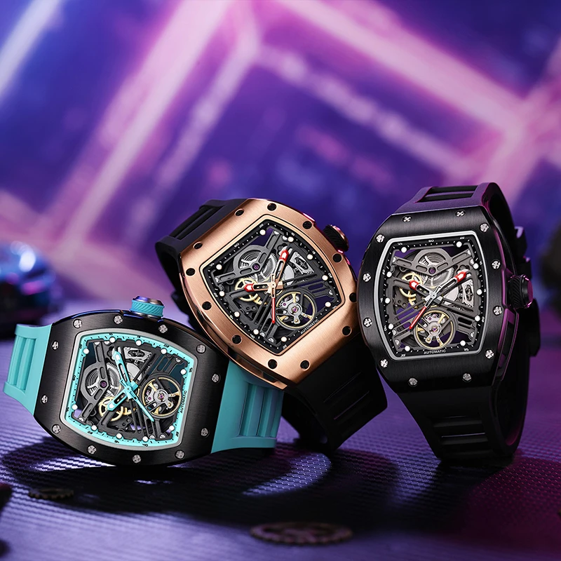Luxury Men's Rectangle Automatic Watch Fashion Skeleton Mechanical Wristwatch Sapphire Tonneau Clock