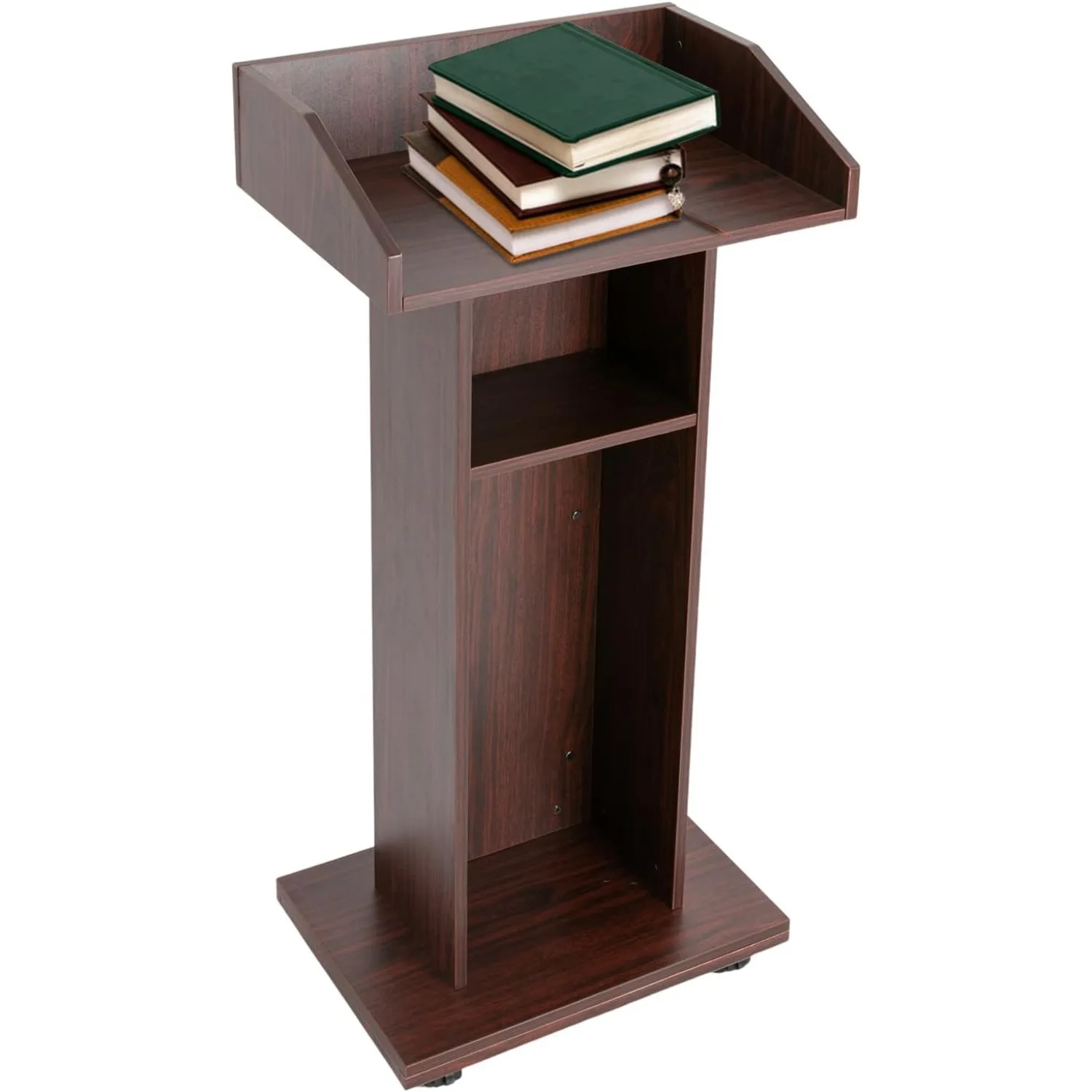 Portable Wooden Podium Hostess Stand with Wheels Speaking Podium with Storage Shelf, Pulpit Podium for Church, Meetings, School