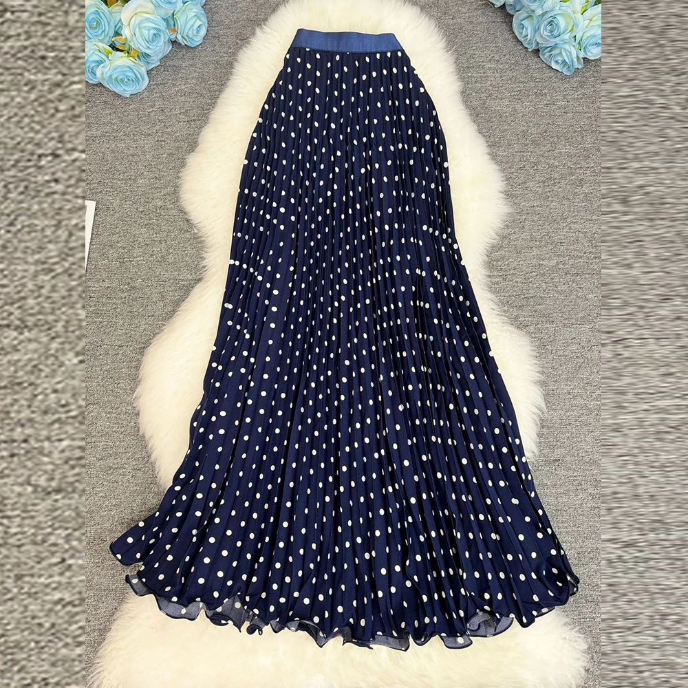 جديد ارتفاع الخصر التنانير الطويلة النسائية 2026 ماكسي مطوي تنورة النساء الملابس الأنيقة مكتب سيدة الموضة لامع نقطة تنورة #3