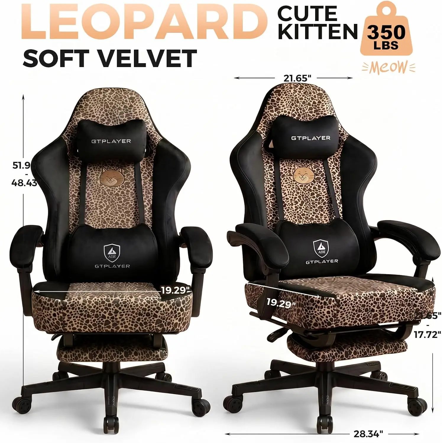 Leopard Print Cat Gaming Chair, Cute Velvet Fabric Ergonomic Computer Chair with Footrest, Headrest & Lumbar Support, Big Tall Comfortable for Women Gift