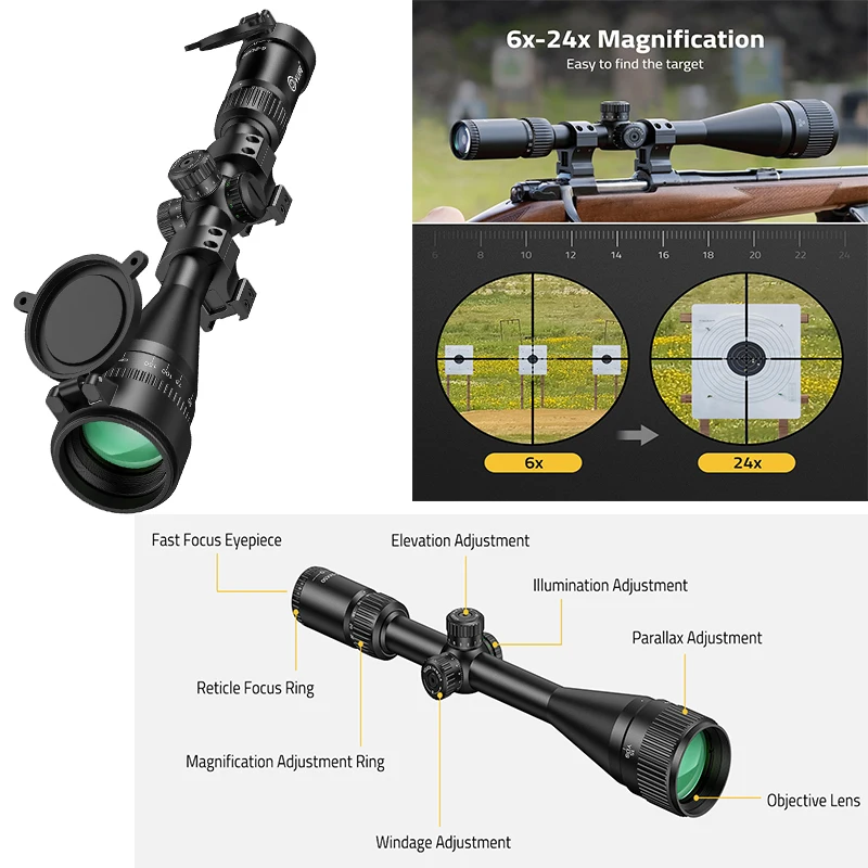 

CVLIFE 6-24x50 AO Rifle Scope Mil-Dot Reticle 1 Inch Tube SFP Long Range Scope with 20mm Scope Rings for Picatinny Rail Hunting