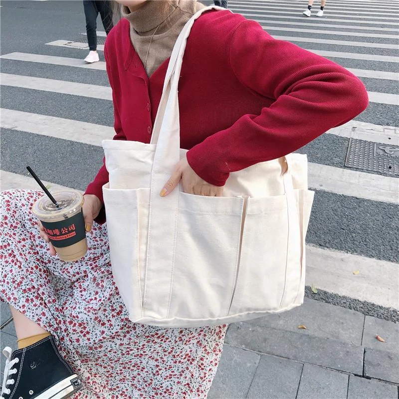 Korean version New style Lazy wind multi-pocket Canvas bag Large capacity commuting One shoulder Tote bag schoolgirl