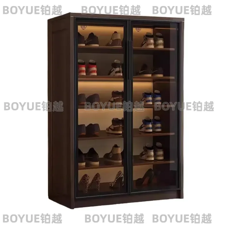 for Modern Entrance Furniture Elegant Black Modular Shoe Rack Collection Locker with Transparent Glass Door Wholesale