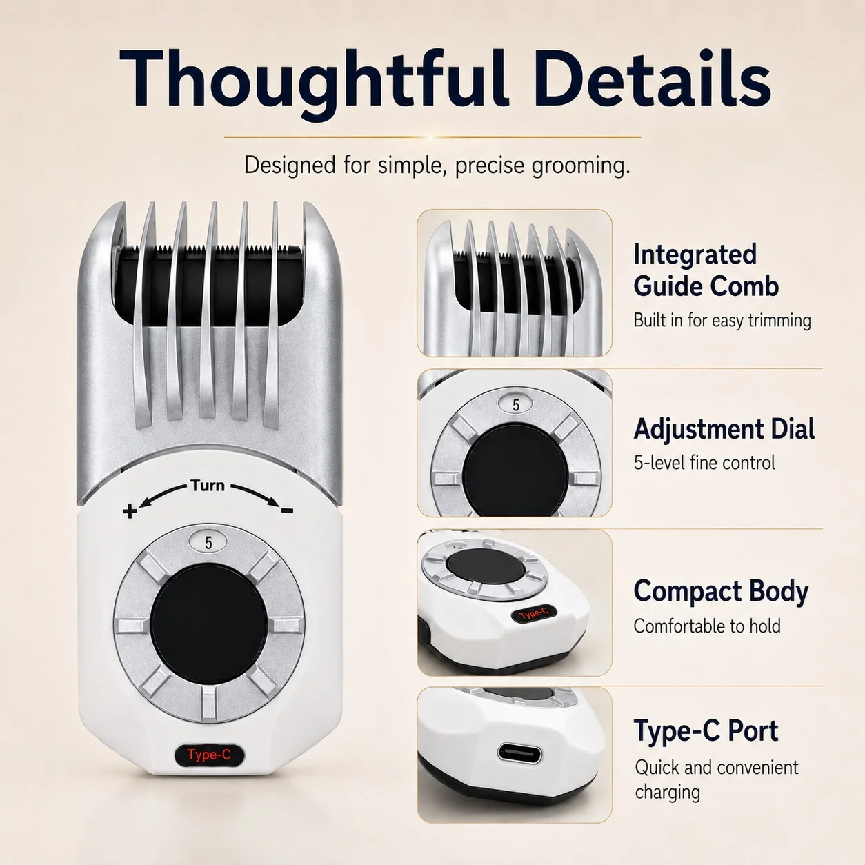 All-In-One Hair Clipper with No Need to Change Blades, 5-Level Rotating Fine-Tuning for Trimming Length, Integrated Guide Comb, Type-C Fast Charging for Long-Lasting Battery Life, Comes with USB Charging Cable, Led Power Display, Smooth and Sharp Blade That Doesn'T Pull Hair, Low Noise and Vibration, for Home Self-Haircut, Suitable for Elderly and Children, for Trimming Beards and Sideburns for Men, Portable Cordless Hair Clipper Tool.
