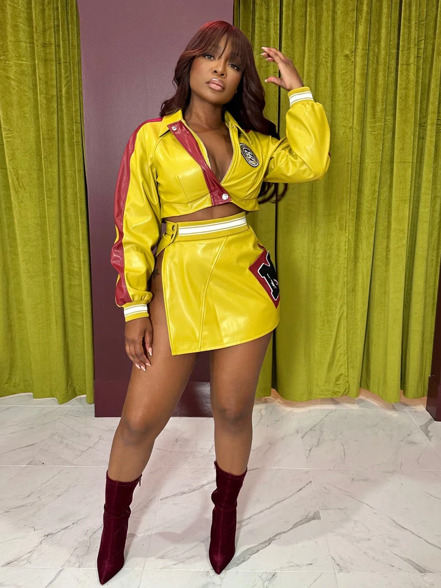 

Sisterlinda Sexy Letter Print 2 Piece Set Women Coquette Faux Leather Patchwork Zip Collar Jacket+Button Slit Skirt Hottie Suits