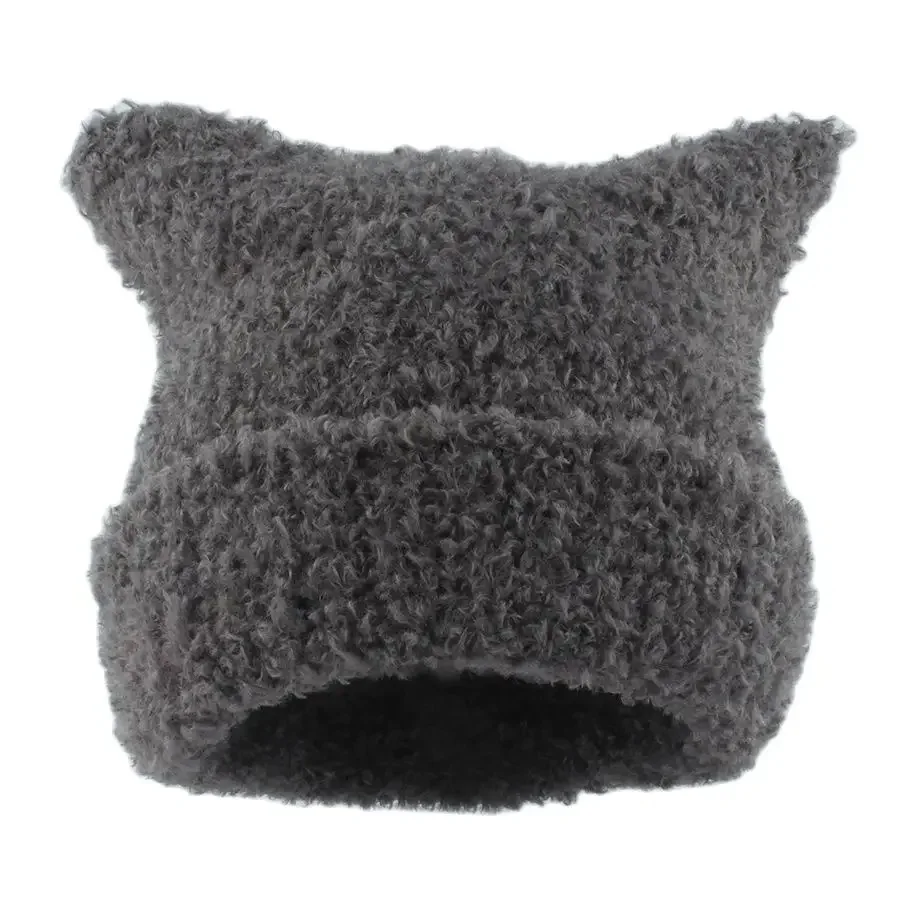 Winter Lambswool Hats For Women Cute Cat Ears Beanie Soft Warm Knitting Cap Cuffed Skullies Fashion Street Hip Hop Hat