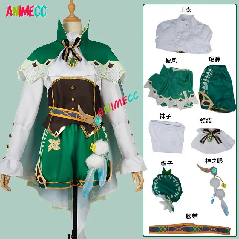 ANIMECC en Stock XS-3XL Venti Genshin Impact Cosplay Costume Perruque, Jeu Anime Venti Cosplay Perruque Halloween Tenue pour Femmes Hommes