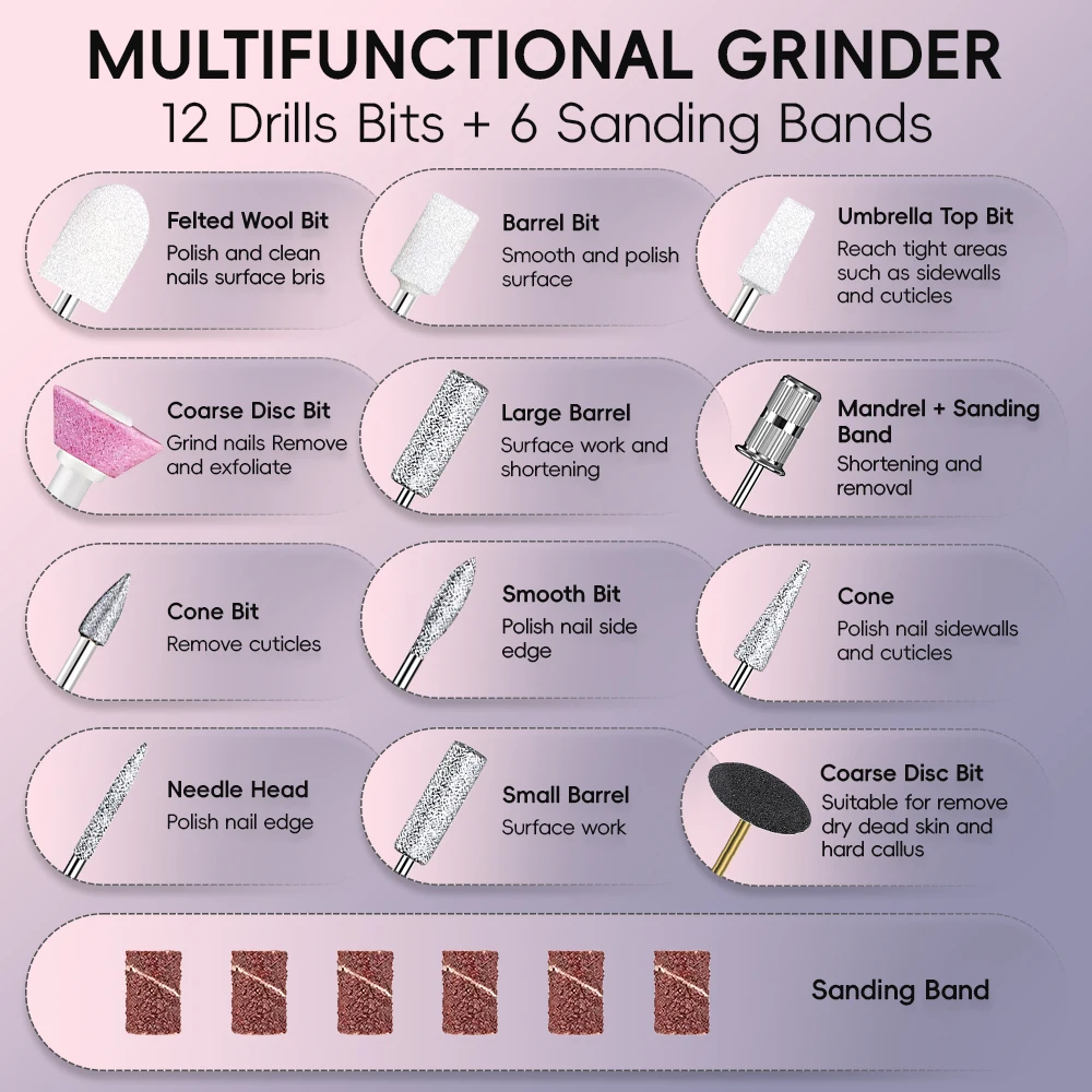 مبرد مثقاب أظافر كهربائي احترافي، مجموعة أدوات مانيكير وباديكير للعناية بالأظافر وتلميع وتشكيل وإزالة الجل #6