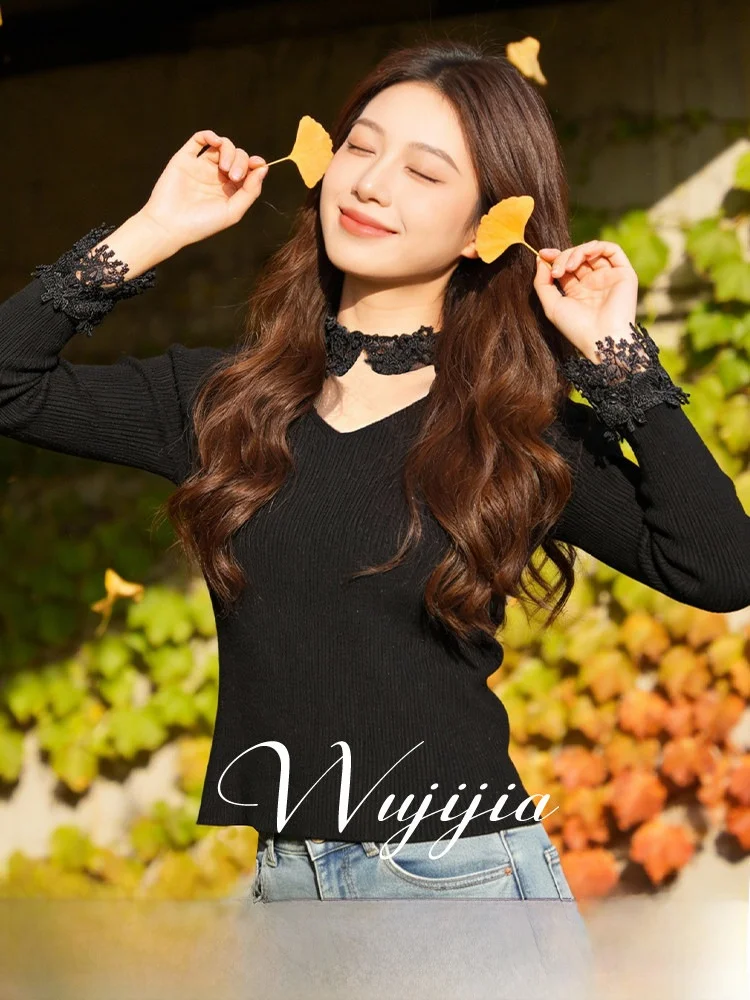 

Winter Knitted Long Sve Hollow out Lace Collar Base Layer Overhead irt plus Size Casual Sle Polyester Fiber Thiened