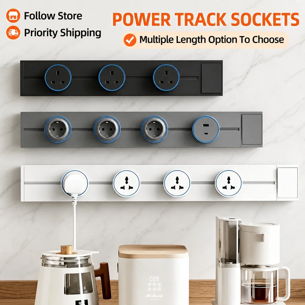 Black High Power 8000W Surface Mounted Movable Track Socket with One-Click Power off Home Power Rail Socket for EU FR UK KR Plug